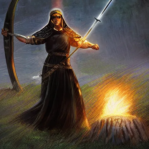 Prompt: A celtic-looking valkyrie nun wearing lightweight armor and wielding a splinter sword, at night, with a flame arrow rain on the background, award-winning digital art