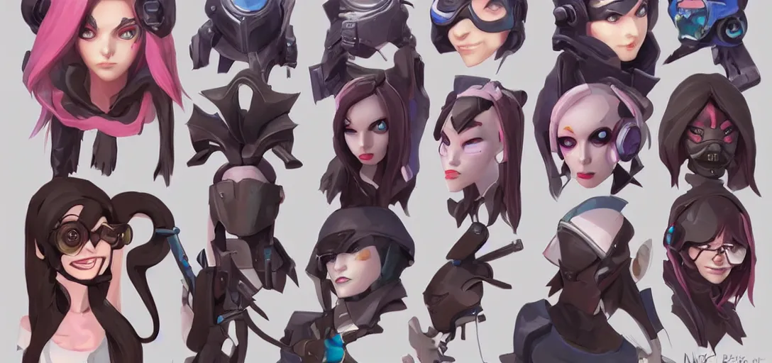 Prompt: concept art of female video game characters head designs, goth, disgaea, flcl, overwatch, by marc brunet and artgerm