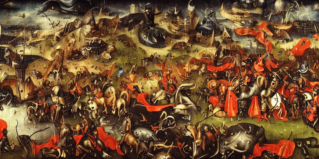 Image similar to heroes of might and magic gameplay in style of hieronymus bosch paintings, painting, gameplay, high detailed, dark fantasy, dark tones, buildings, armored units, red flags, cavalry, rpg, high detailed, contrast, octane render, mill, farm, creative