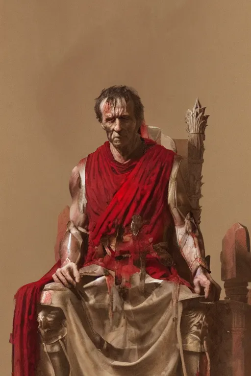 Image similar to a tired, lonely and broken julius caesar is sitting on his throne. face is highly detailed. splices of red are running down his toga. mist. color scheme red and gold. soft light. low angle medium shot. imagined by greg rutkowski.