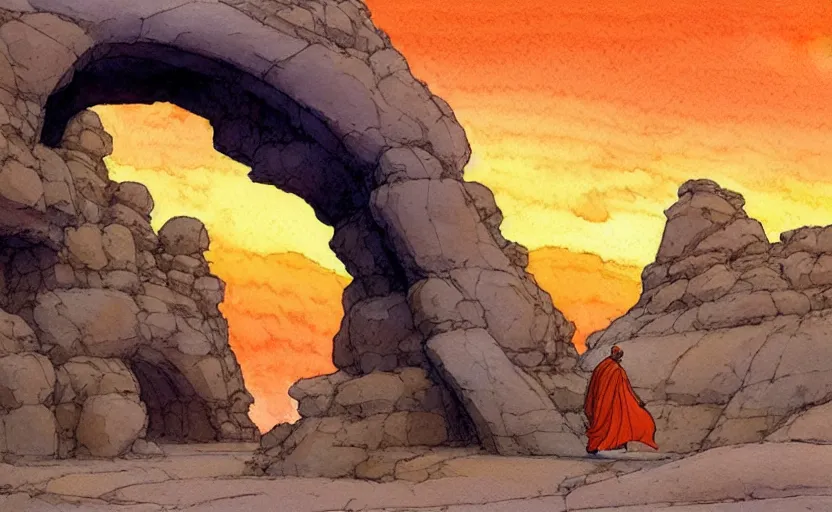 Image similar to a hyperrealist watercolour concept art of a desert day. through a large rock arch is a time portal to an orange sunset sky. a medieval monk in grey robes is walking through the rock arch. by rebecca guay, michael kaluta, charles vess and jean moebius giraud. high detail, hq, wide shot