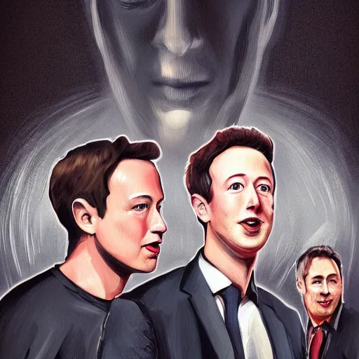 Image similar to portrait of elon musk, mark zuckerberg, jeff bezos, in meeting together, very detailed, art contest winner on behance, trendy on deviant art, by by artgem