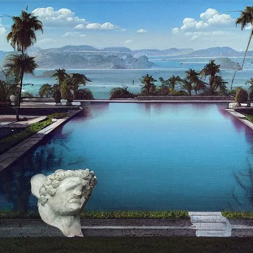 Prompt: David Ligare masterpiece, hyperrealistic surrealism, award winning masterpiece with incredible details, epic stunning, infinity pool, a surreal vaporwave liminal space, highly detailed, trending on ArtStation, broken giant marble head statue ruins, calming, meditative, geometric liminal space, palm trees, very vaporwave, very very surreal, sharp details, artgerm and greg rutkowski and alphonse mucha, daily deviation, IAMAG