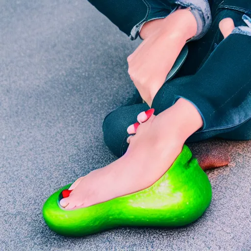 Image similar to Futuristic shoes in the shape of an avocado advertisement photo