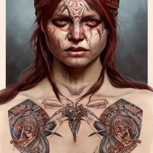 Prompt: zoomed out portrait painting of a muscular bloodied tribal girl butcher, tattooed, ultra realistic, concept art, intricate details, eerie, highly detailed, photorealistic, octane render, 8 k, unreal engine. art by artgerm and greg rutkowski and alphonse mucha