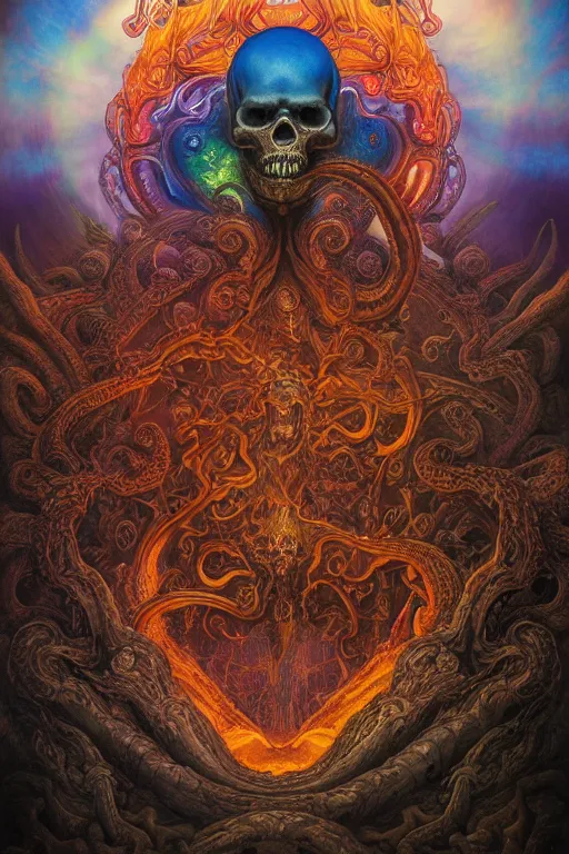 Image similar to gigantic psychedelic demonic cosmic skull of death and hell fire, alien tentacles, fantasy painting, ultra realistic, wide angle, art nouveau, intricate details, rainbowshift, vivid colors, highly detailed by peter mohrbacher, h. r. giger, maxfield parrish, gustave dore, craig mullins, octane render, cgi