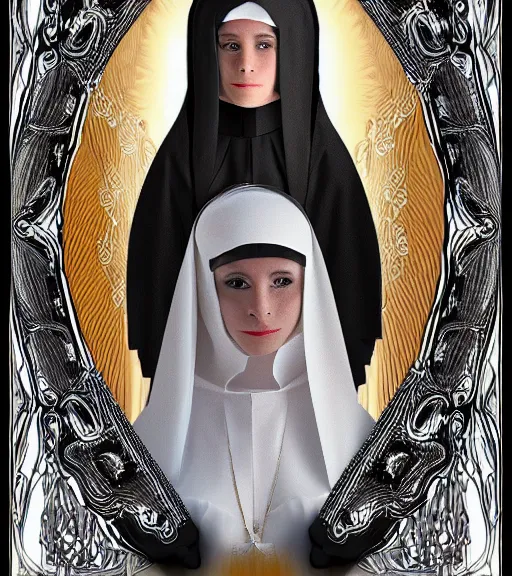 Image similar to beautiful female character inspired by venice carnival and nun | | digital artwork made by greg rutswork and lois van barlee, symmetrical, anatomically correct