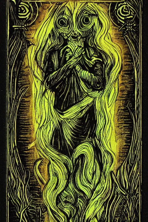 Image similar to dark tarot depth artwork, phosphorescent skin