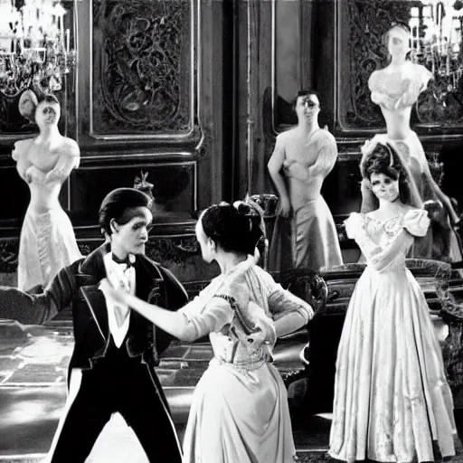 Image similar to ballroom scene from the leopard by luchino visconti with alain delon and claudia cardinale set in the 1 9 th century in an italian villa. technicolor!!!!, highly intricate, 5 0 mm