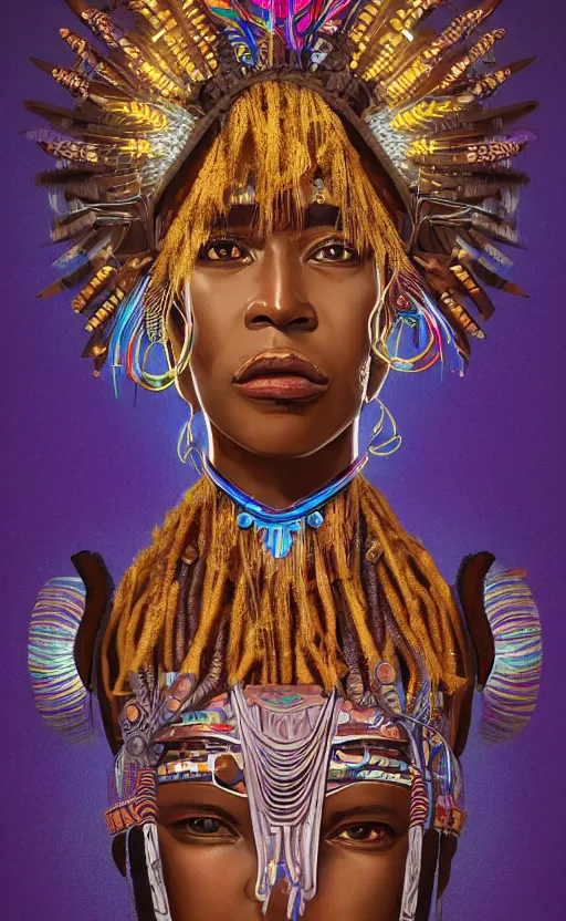 Image similar to upper half portrait of retro futuristic african tribal chief - embellished with vegetation and iridescent crystals, art by paschal blanche, highly detailed, digital painting, concept art, illustration, smooth sharp focus, intricate, symmetry, artstation, colourful,