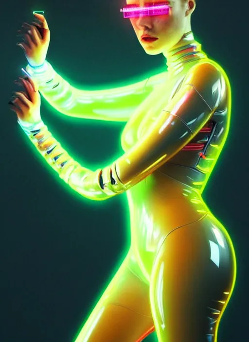 Prompt: a highly detailed long shot photo of sensual female humanoid with freckles cheeks, futurism, cyber neon lighting, detailed futuristic jewelry, futuristic glossy latex suit, profile posing, hyper photorealistic, crispy quality, digital photography, trending in pinterest, cinematic, 4 k ultra hd, art by pascal blanche, art by greg rutkowski, art by artgerm,