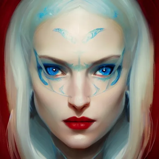 Image similar to A detailed matte oil on canvas head on symmetrical portrait of a beautiful elven woman with blue red eyes heterochomia and red and blue hair by greg rutkowski and Charlie bowater, trending on artstationhd, dungeons and dragons art critical role