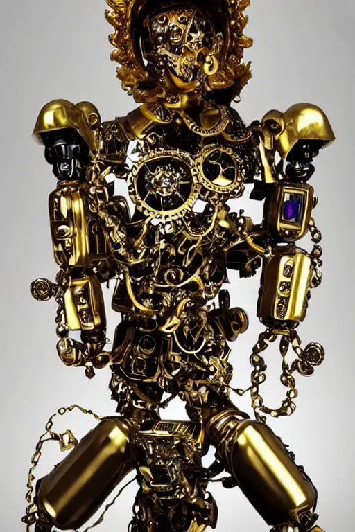 Image similar to baroque and cyberpunk style full-body sculpture of a young seductive Hispanic prince half android with a chest exposing a glowing ruby battery with porcelain arms posed like a model, glowing gold laser eyes, crown of white gears and sparkling diamonds, swirling white-colored silk fabric, robot dinosaurs. modern elements. reflective surfaces. intricate artwork by caravaggio. art by Artgerm and Alphonse Mucha, Trending on artstation, cinematic industrial lighting, photorealistic, octane render, 8k, depth of field, 3D