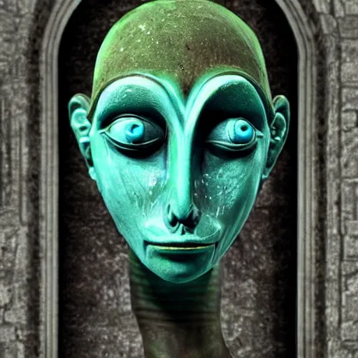 Prompt: weird alien blue and green body Egyptian head alien grotesque baroque gothic style dead space interior