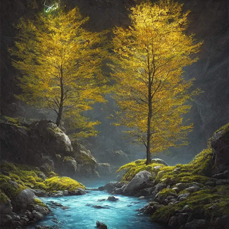 Image similar to A beautiful, highly detailed, very realistic oil painting of a single tree with rainbow leaves, next to a small river, glowing bright blue in the middle of a huge, very dark cave, with lots of dark grey rocks, oil painting by Greg Rutkowski, golden color scheme.