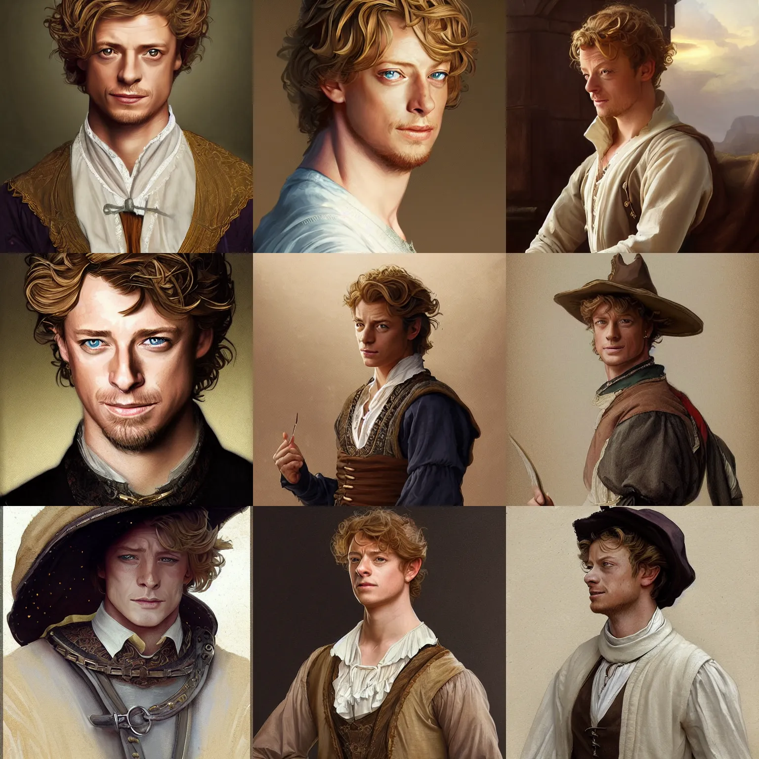 Image similar to a young man wearing 16th century clothes, sly expression, blonde, young simon baker, D&D, fantasy, portrait, highly detailed, digital painting, artstation, concept art, sharp focus, illustration, art by artgerm and greg rutkowski and alphonse mucha