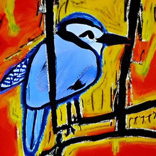 Image similar to bluejay by a river in an autumnal forest, painted by jean michel basquiat