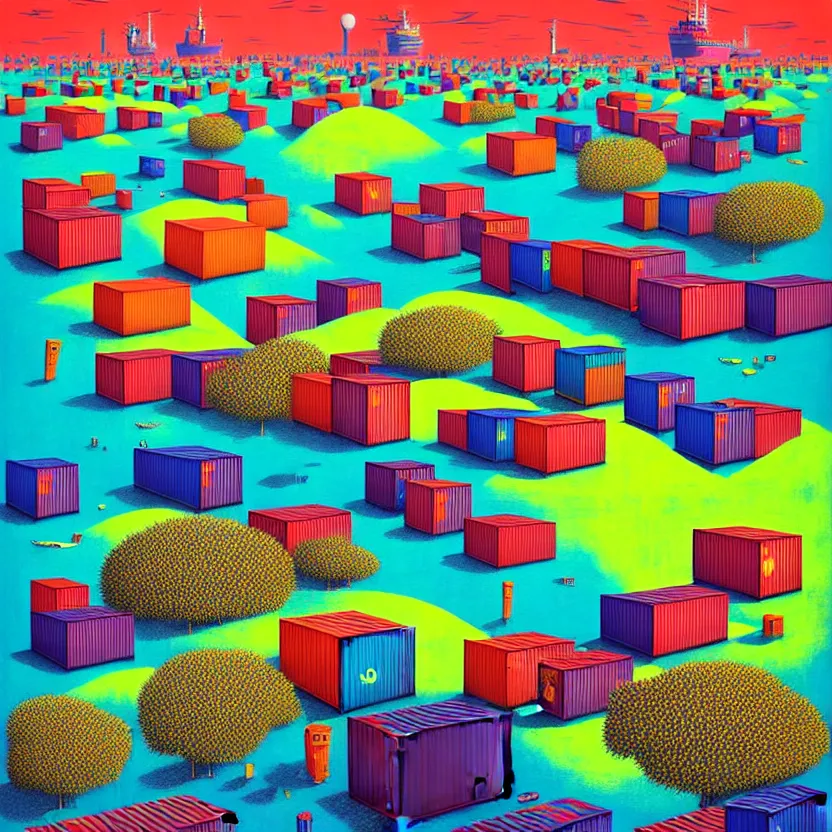 Image similar to surreal glimpse into other universe, a shipping container port, summer morning, very coherent and colorful high contrast, art by!!!! gediminas pranckevicius!!!!, geof darrow, floralpunk screen printing woodblock, dark shadows, hard lighting, stipple brush technique,