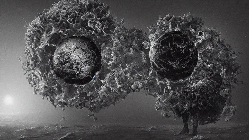 Image similar to a beautiful microscopic scientific photo of a coronavirus and a strange life form seen through an electron microscope, dark, sinister, detailed, art by Greg Rutkowski