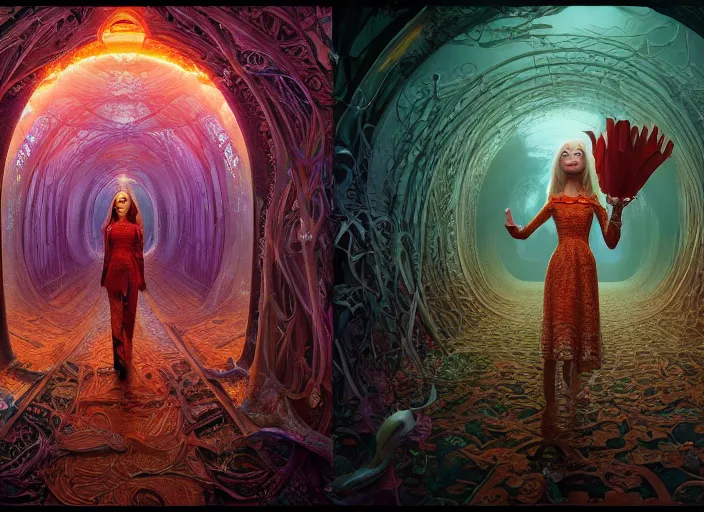 Prompt: vfx surreal 3 d portrait of alice from wonderland walking into a non - euclidean and infinite tunnel of evanescent hallucinatory images, reflections in endless mirrors, hyperdetailed, octane render, sharp focus, concept art, intricate by alex grey, greg rutkowski jeff soto and daniel merriam, dan mumford and pixar, octane render