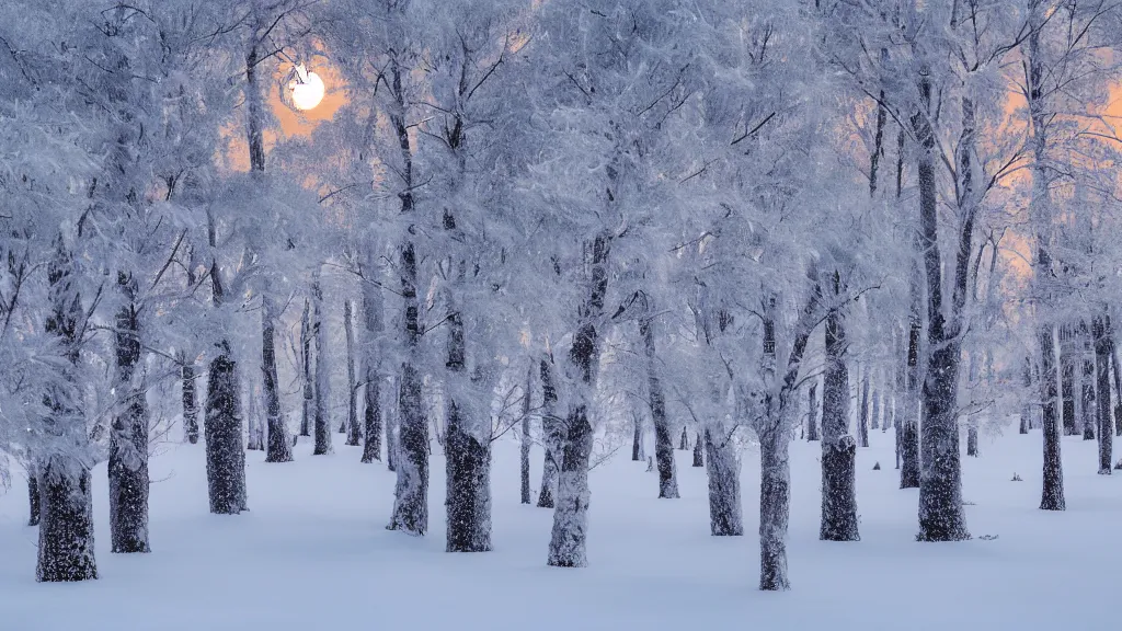 Image similar to Pine tress full of snow, lit by a full moon