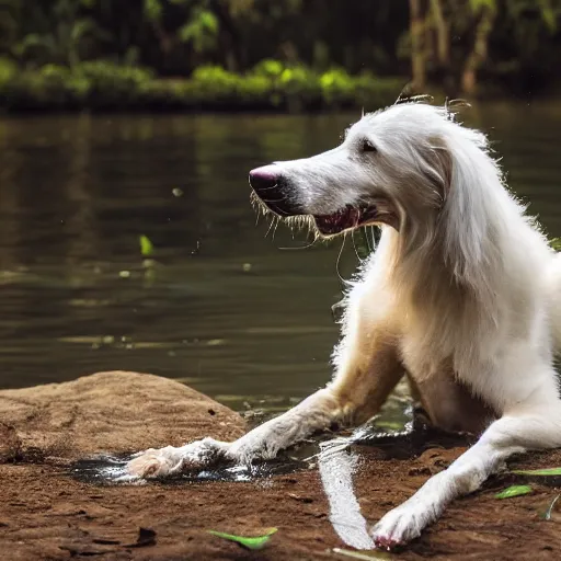 Prompt: photo of borzoi dog wearing diving gear swimming in the amazon rainforest, 4k award-winning animal photography