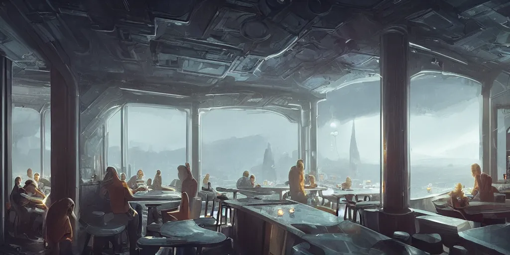 Image similar to science-fiction bar, evening, jazzy, big patio door, luxury, interior design, matte painting, RAPHAEL LACOSTE, greg rutkowski, james gurney, artstation