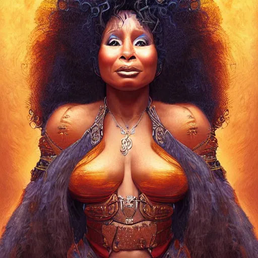 Prompt: digital painting of chaka khan by filipe pagliuso and justin gerard, symmetric, fantasy, highly, detailed, realistic, intricate