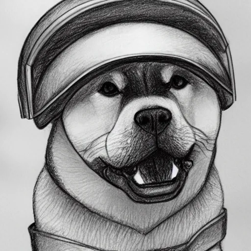 Image similar to A drawing of a Shiba Inu dog wearing a soldier's helmet, realistic, color