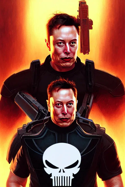 Image similar to elon musk as punisher, realistic portrait, symmetrical, highly detailed, digital painting, artstation, concept art, smooth, sharp focus, illustration, cinematic lighting, art by artgerm and greg rutkowski and alphonse mucha