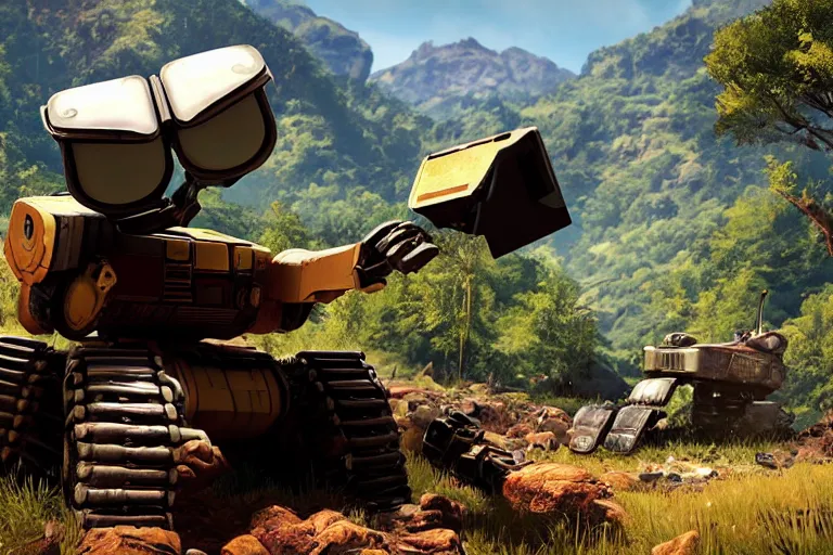 Prompt: wall - e in far cry 4, heavy detailed, ultra high definition quality, far cry 4 game engine graphics