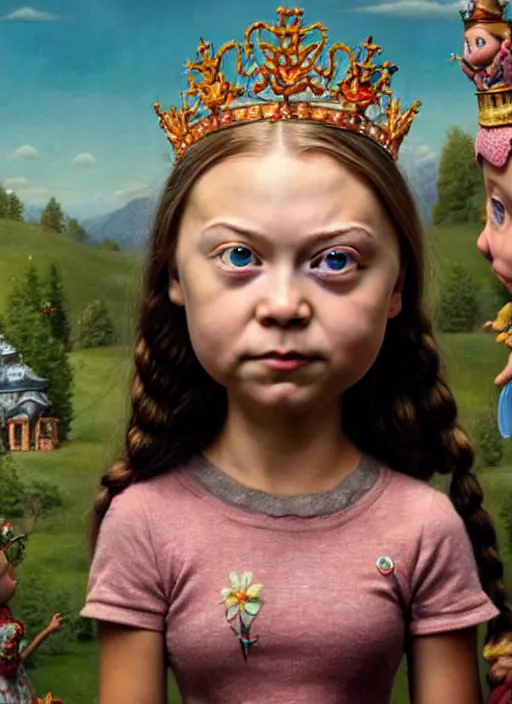 Image similar to highly detailed closeup, face profile portrait of greta thunberg as a tin toy fairytale princess wearing a crown eating cakes, bikini, unreal engine, nicoletta ceccoli, mark ryden, earl norem, lostfish, global illumination, detailed and intricate environment