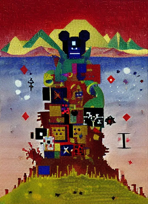 Image similar to pixel decollage painting tarot lovers card composition tower of babel road red armor maggot bear and wonky alien frog skeleton knight on a horse in a dark red cloudy night sky with golden foil jewish stars and diamonds, mountain lake and blossoming field in background, painted by Mark Rothko, Helen Frankenthaler, Danny Fox and Hilma af Klint, pixelated, neo expressionism, semi naive, pastel colors, cinematic, color field painting, cave painting, voxel, pop art look, outsider art, minimalistic. Bill Traylor painting, part by Philip Guston, Amano and Francis Bacon. art by Adrian Ghenie and Storm Thorgerson, very coherent symmetrical artwork, cinematic, hyper realism, high detail, octane render, unreal engine, Smooth gradients, depth of field, full body character drawing, extremely detailed, 8k, extreme detail, intricate detail, masterpiece