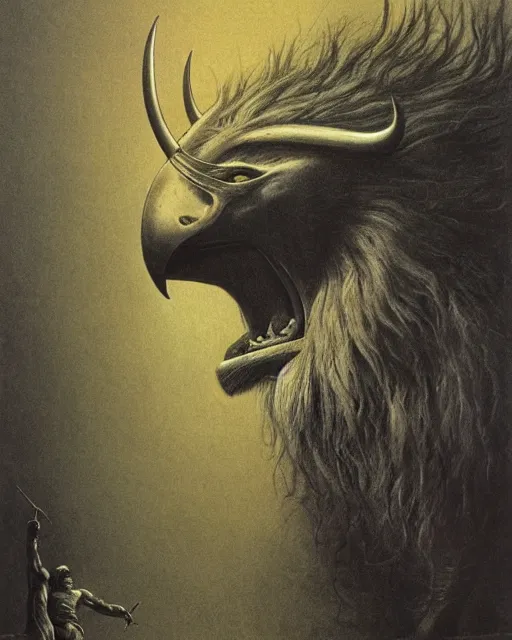 Image similar to a creature with the body and eyes of a man, with the beak of an eagle, the mane of a lion, and the horn of a bull. drawn by moebius and zdzislaw beksinski