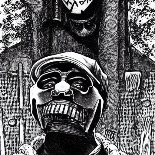 Image similar to MF DOOM wearing MF DOOM mask standing in a graveyard with a dug up coffin