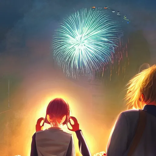 Image similar to girl watching watching fireworks on a hill, digital art, by range murata, akiyuki shinbou, yoshitaka amano highly detailed, realistic, cinematic, bold colours, photorealism, 4 k, wide angle lens