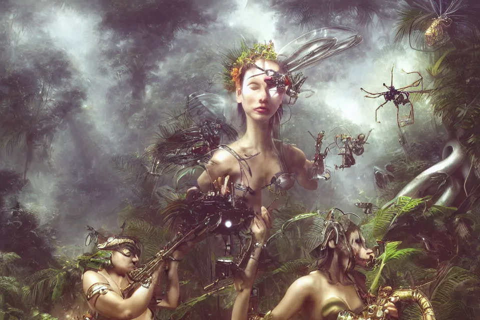 Prompt: an extreme close - up of a cyborg nymph wearing gothic helmets playing with a giant insect surrounded by saxophones, palm trees, jungle fruit, volumetric light caustics kim keever clouds of pigment smoke, by hajime soryama, boris vallejo, bouguereau