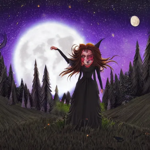 Prompt: old witch with long hair under a full moon and stars, in front of a fire, hyperrealistic, dynamic lighting, sharp color, night sky, photorealistic