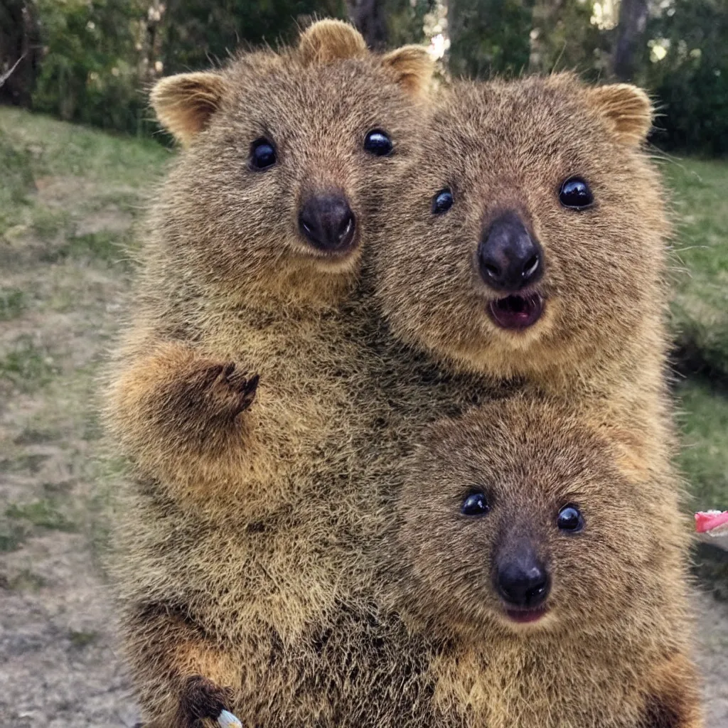 Image similar to happy quokka taking a smoking a joint and eating candy, golden hour, ultra realistic