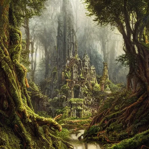 Prompt: a beautiful and highly detailed oil painting of an overgrown forest temple in the misty mountains, intricate details, epic scale, insanely complex, 8 k, sharp focus, hyperrealism, fantasy landscape, psychedelic, by caspar friedrich and james gurney,