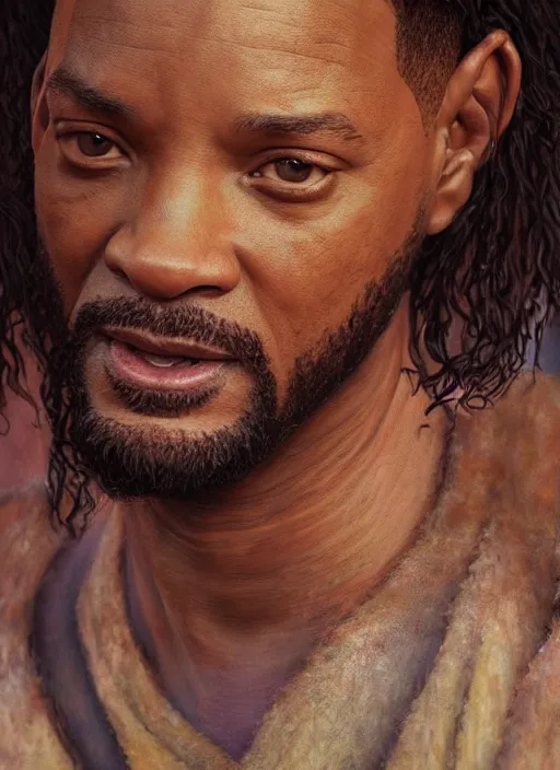 Image similar to portrait of will smith as jesus, au naturel, hyper detailed, digital art, trending in artstation, cinematic lighting, studio quality, smooth render, unreal engine 5 rendered, octane rendered, art style by klimt and nixeu and ian sprigger and wlop and krenz cushart.