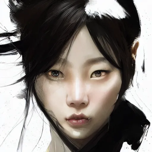 Image similar to portrait of a beautiful korean girl wearing a men's tuxedo, with bangs, very long hair and bangs, angular features, angry expression, dramatic lighting, illustration by Greg rutkowski, yoji shinkawa, 4k, digital art, concept art, trending on artstation