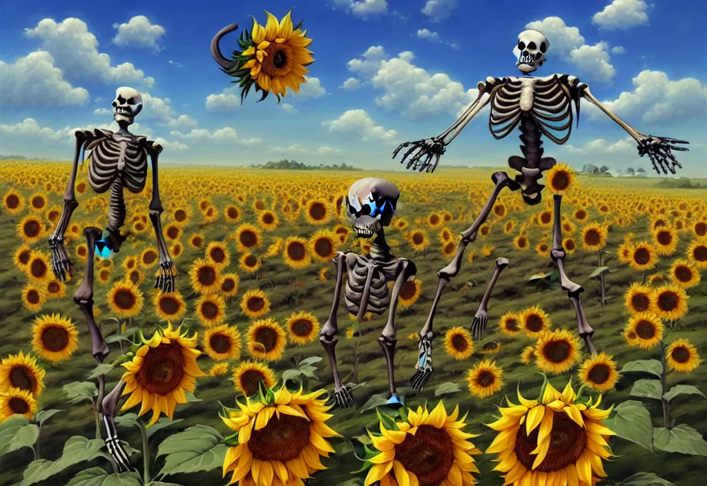 Prompt: giant headless skeleton in the countryside with a sunflower in the foreground, intricate oil painting, high detail illustration, sharp high detail, manga and anime 1 9 9 9, official fanart behance hd artstation by jesper ejsing and makoto shinkai, 4 k,