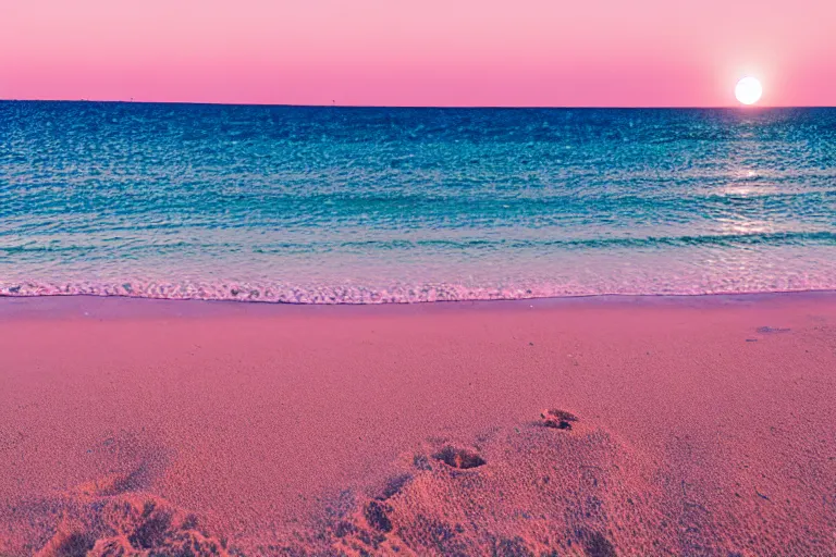 Image similar to a vintage family holiday photo fuji kodak of an empty beach shore with pastel pink sand reflective metallic water and sunbathing equipment at dusk.