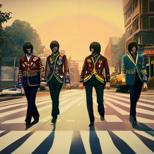 Prompt: The Beatles, Sgt Peppers era, rendered in octane, rendered in vray, rendered in Arnold, insanely detailed, photorealistic, cinematic, global illumination