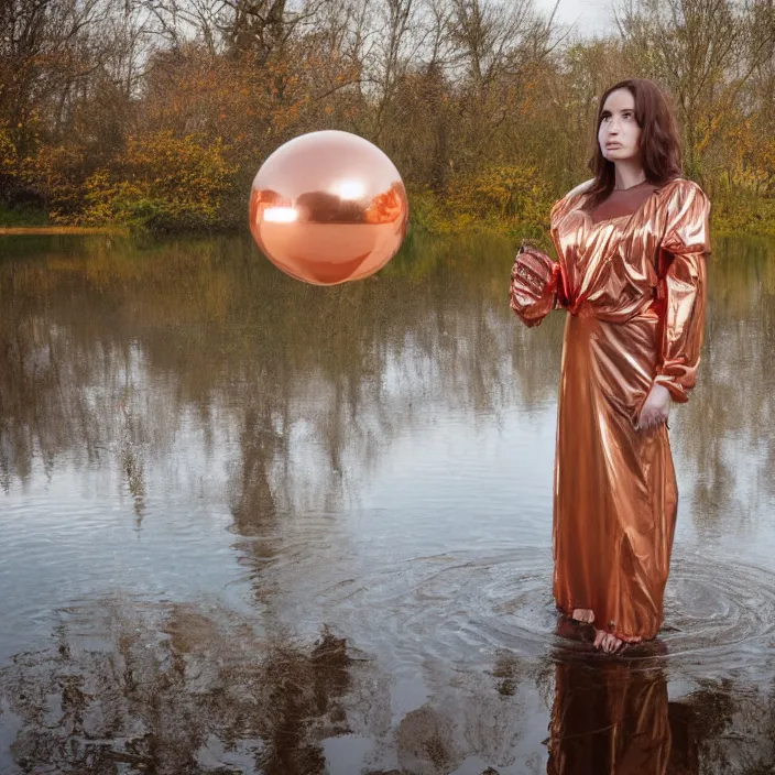 Prompt: a closeup portrait of a woman wrapped in plastic, standing next to a levitating copper orb, in a pond, color photograph, by vincent desiderio, canon eos c 3 0 0, ƒ 1. 8, 3 5 mm, 8 k, medium - format print