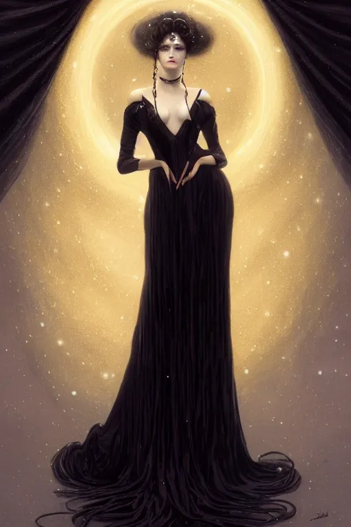 Image similar to Nocturne, glowing, stars, a long-legged elegant evil woman, long black hair, pearl amulet, highly detailed, mysterious, ethereal, dressed in black velvet, haute couture, illustration, dramatic lighting, soft details, painting, by Edmund Blair Leighton, Brom, Charlie Bowater, trending on artstation, faces by otto schmidt