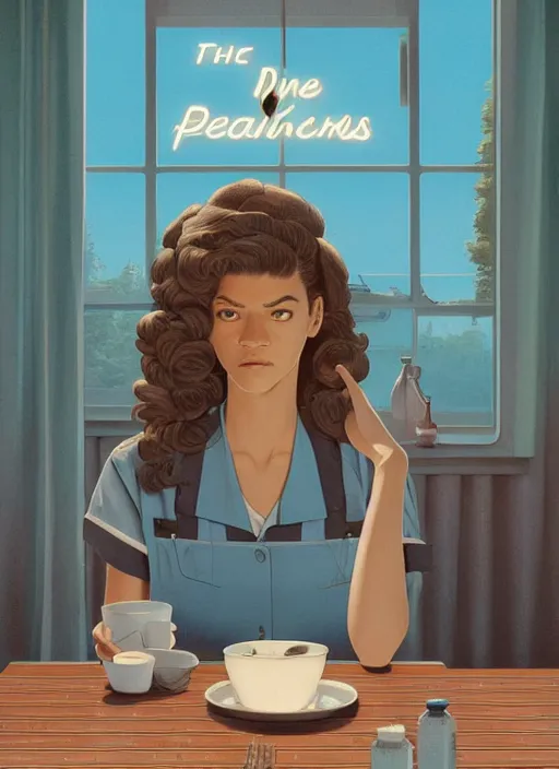 Prompt: poster artwork by Michael Whelan, Bob Larkin and Tomer Hanuka, of portrait of Zendaya wearing light blue diner waitress dress, from scene from Twin Peaks, simple illustration, domestic, nostalgic, from scene from Twin Peaks, clean, full of details, by Makoto Shinkai and thomas kinkade, Matte painting, trending on artstation and unreal engine