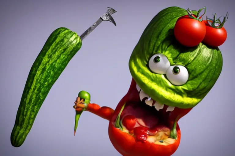Image similar to detailed 3 d render of a mad zucchini with a bloody sword in his hand, running down a winded road chasing after a group of scared tomatoes, hyper realistic octane render, dramatic lighting, high speed chase, wide angle, nightmare, surrealism, pixar, disney, cartoon