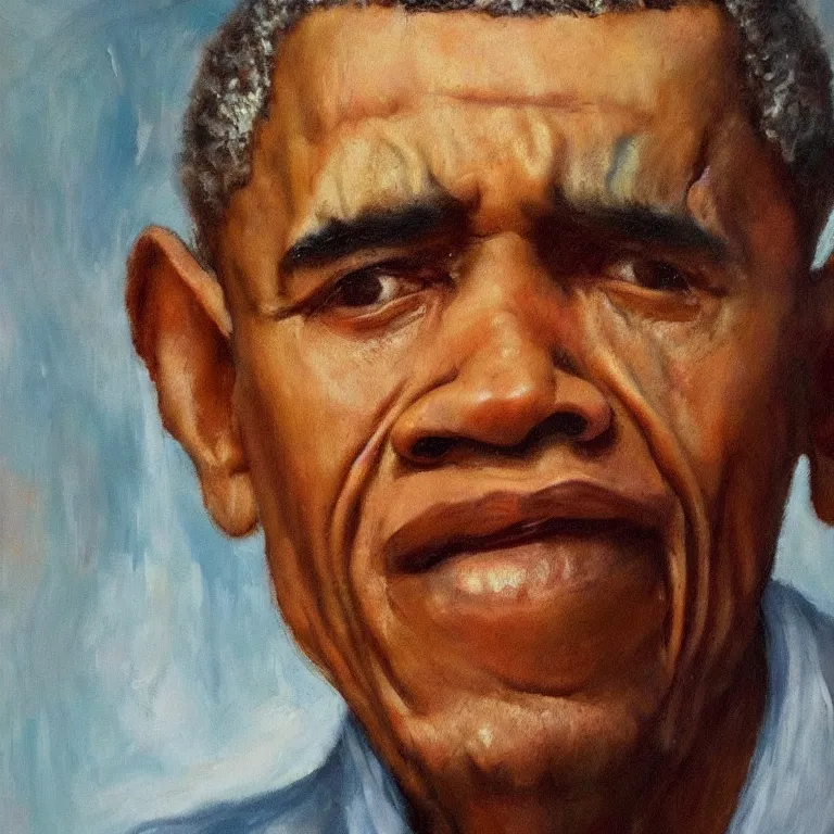 Prompt: warmly lit close up studio portrait of very old angry! Barack Obama age 115 angrily singing, impasto oil painting thick brushstrokes by Cy Twombly and Willem De Kooning , trending on artstation dramatic lighting Expressionism